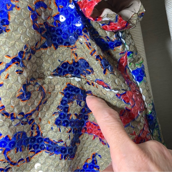 Sequin Shirt Blouse Tan Red Blue Baroque Sz 40 Short Sleeve Crew Party Event Top - Picture 10 of 16
